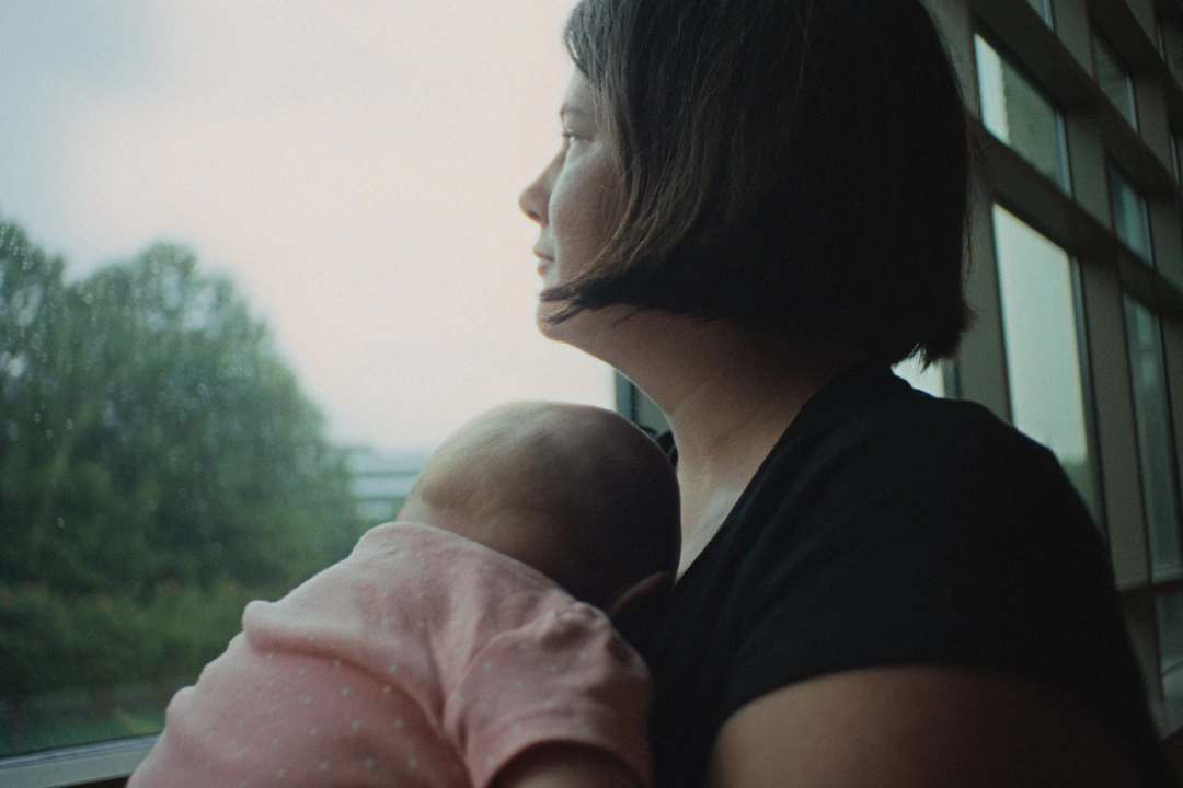 A baby is held by their aunt while looking out the window.